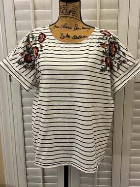 Chico's Striped Floral Embroidered & Beaded Short Sleeve T-Shirt